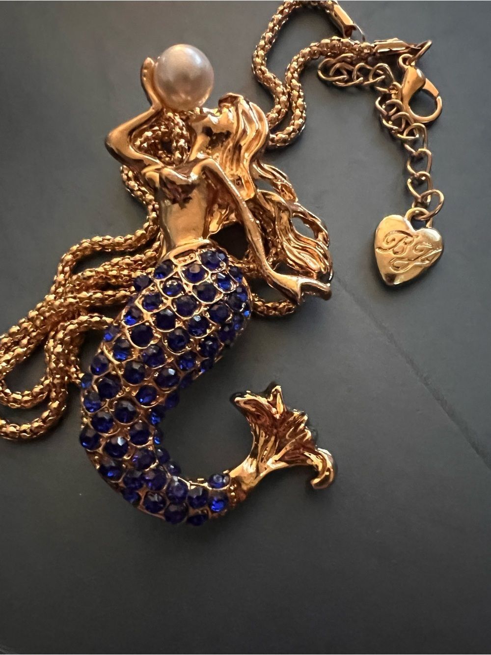 Betsey Johnson Mermaid Necklace/brooch with Blue Crystal Tail and Faux Pearl - Picture 3 of 9